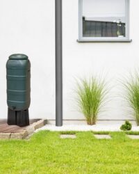100 liter regenton op verhoogstuk tegen witte huis met planten
