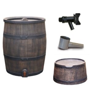 houtenvat look regenton met voetstuk en grijze vulautomaat en kraan