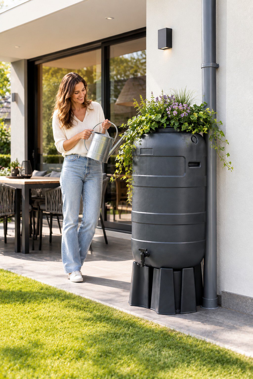 100l Regenton Slimline Flower Bij Moderne Woning