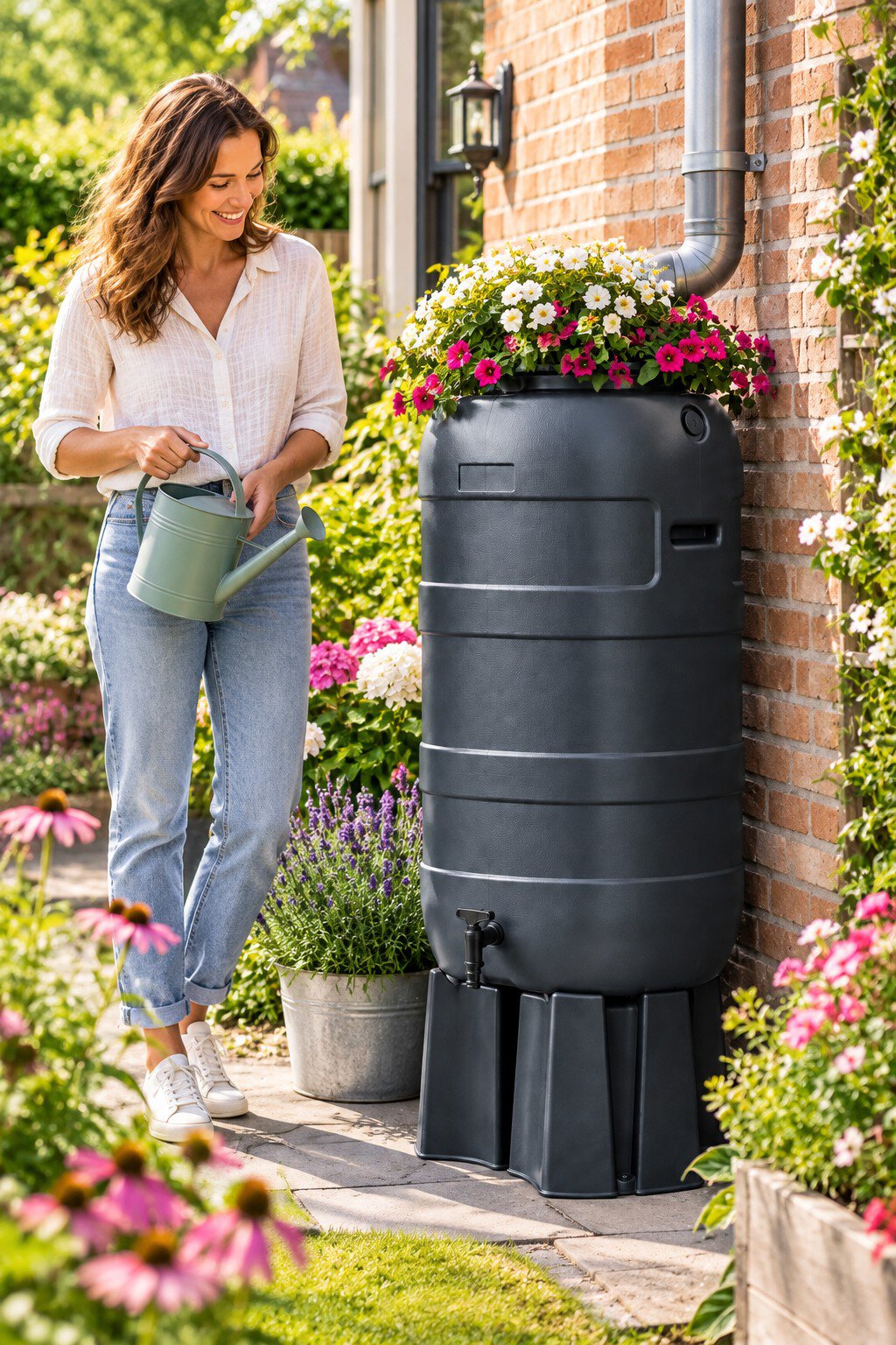 Slimline Regenton 100 Liter Flower In Een Tuin